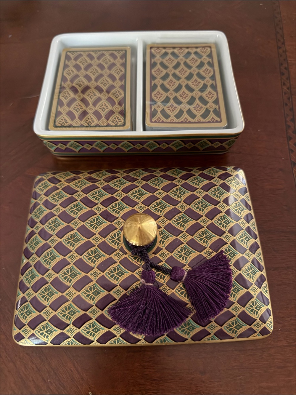 Vintage Nieman Marcus Porcelain Card Holder Gold, Royal Plum And Forest Green.